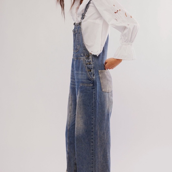 One Teaspoon Blue Denim cropped Wide Leg Overalls - Picture 6 of 7